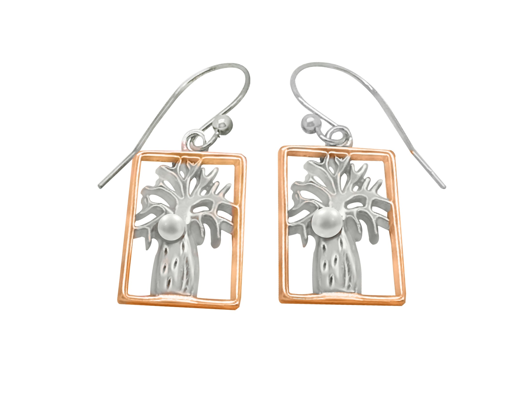 Boab Rectangle Earrings with Pearl - Two Tone Silver/Rose Gold