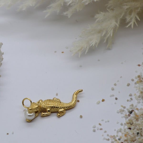 Crocodile Pendant  - Gold with Freshwater Pearl