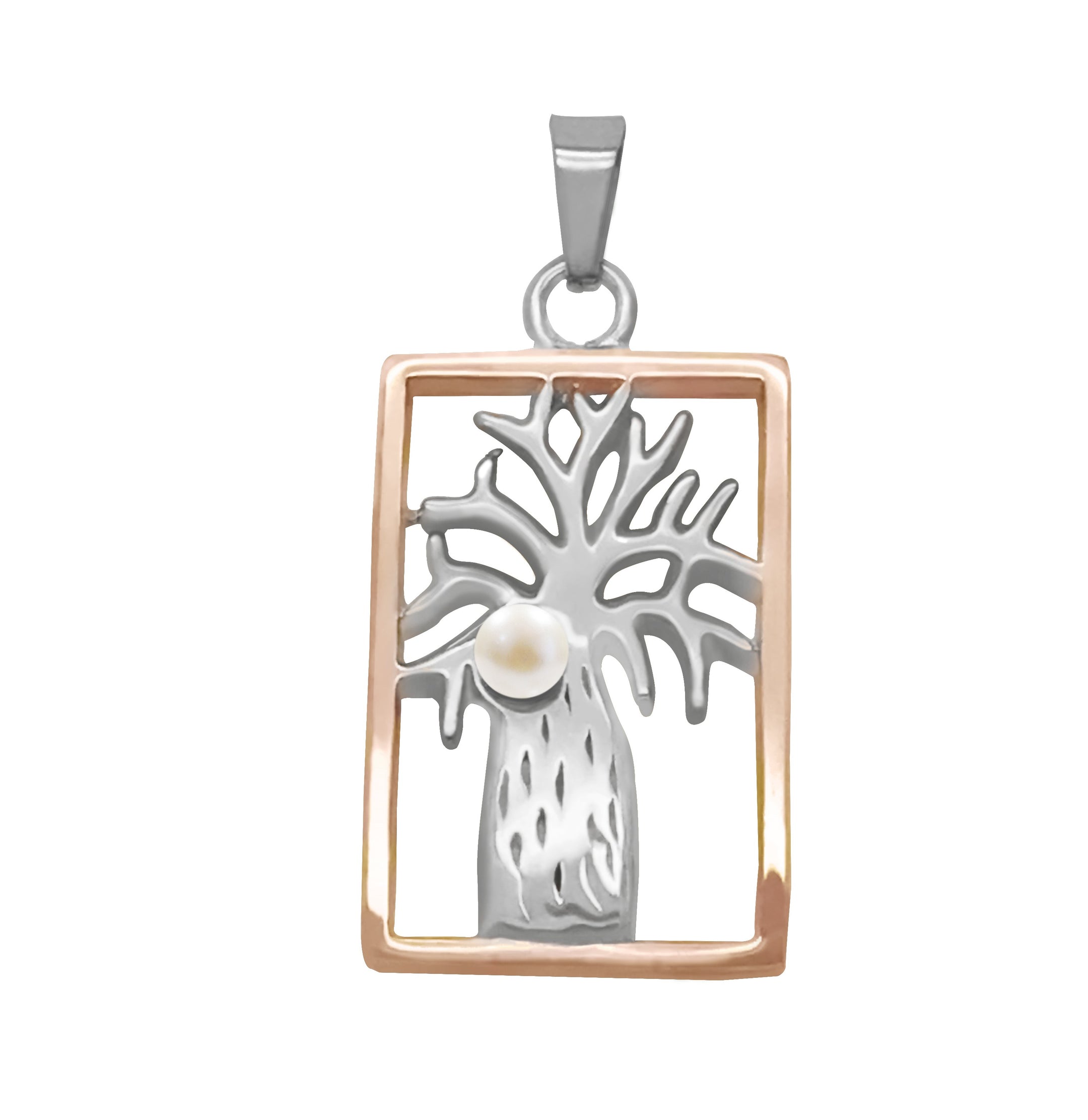 Boab Rectangle Pendant with Pearl - Two Tone Steel/ Rose Gold