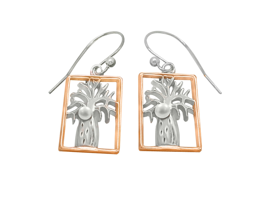 Boab Rectangle Earrings with Pearl -  Two Tone Silver/Rose Gold