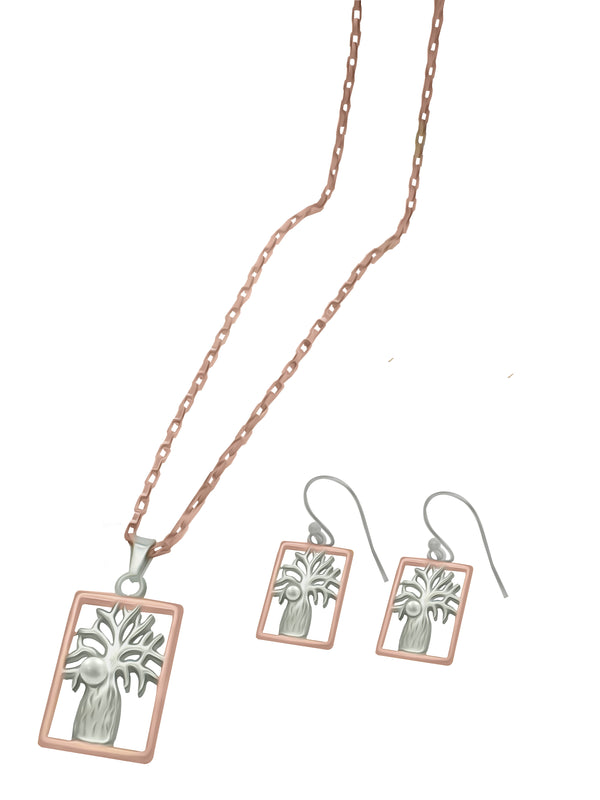 Boab Rectangle Earrings with Pearl -  Two Tone Silver/Rose Gold